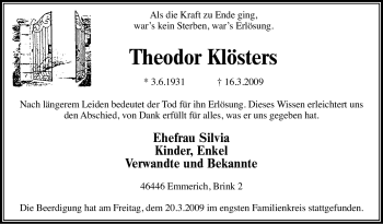 Traueranzeige von Theodor Klösters von Tageszeitung