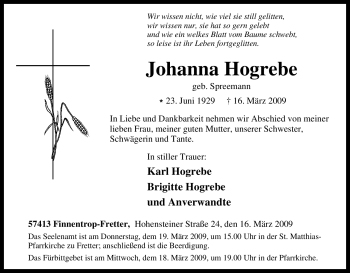 Traueranzeige von Johanna Hogrebe von Tageszeitung