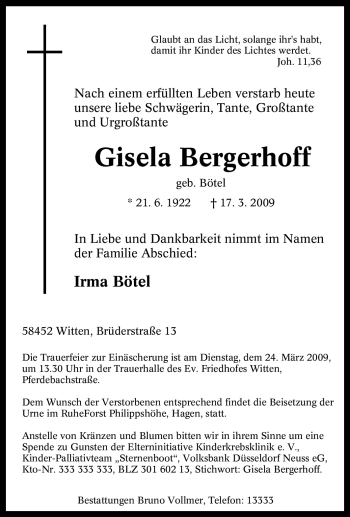 Traueranzeige von Gisela Bergerhoff von Tageszeitung