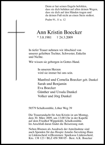 Traueranzeige von Ann Kristin Boecker von Tageszeitung