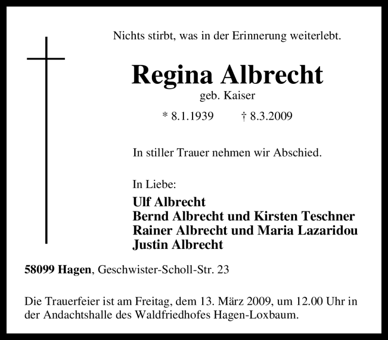  Traueranzeige für Regina Albrecht vom 10.03.2009 aus Tageszeitung