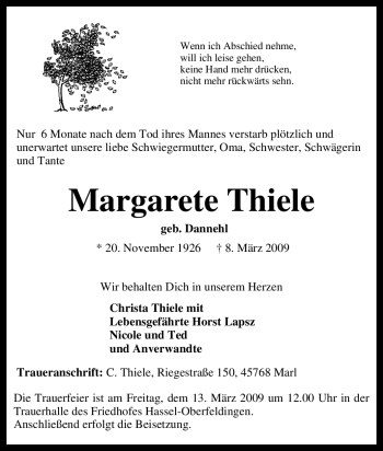 Traueranzeige von Margarete Thiele von Tageszeitung