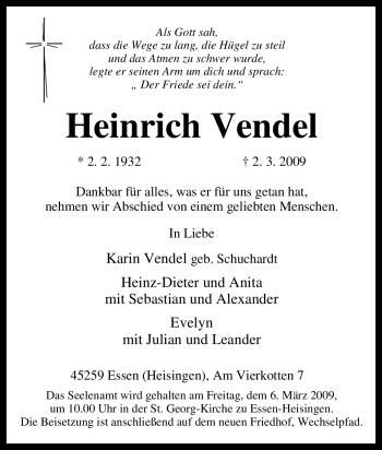 Traueranzeige von Heinrich Vendel von Tageszeitung