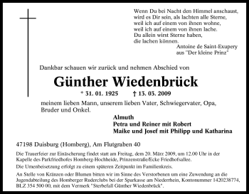 Traueranzeige von Günther Wiedenbrück von Tageszeitung