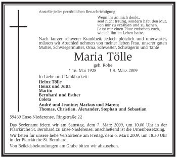 Traueranzeige von Maria Tölle von Tageszeitung