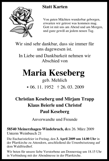 Traueranzeige von Maria Keseberg von Tageszeitung