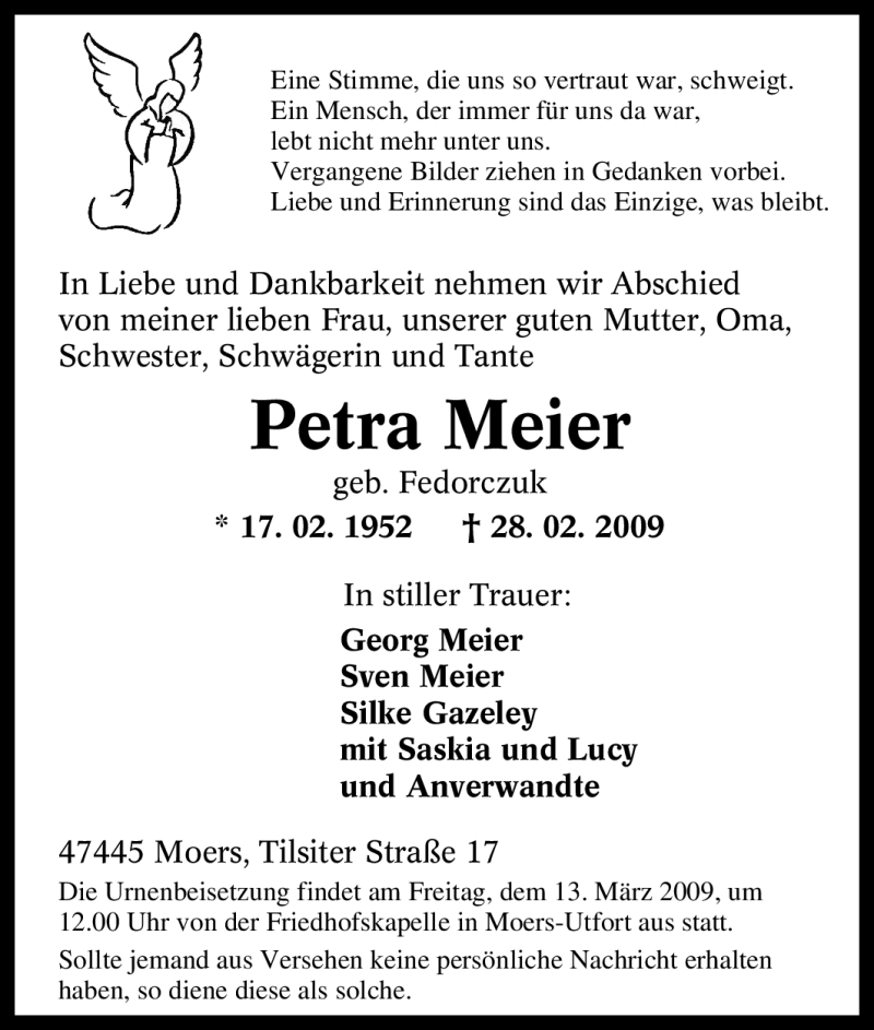  Traueranzeige für Petra Meier vom 10.03.2009 aus Tageszeitung