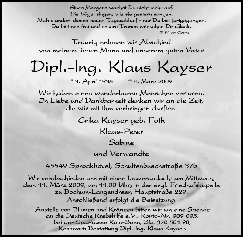  Traueranzeige für Klaus Kayser vom 07.03.2009 aus Tageszeitung