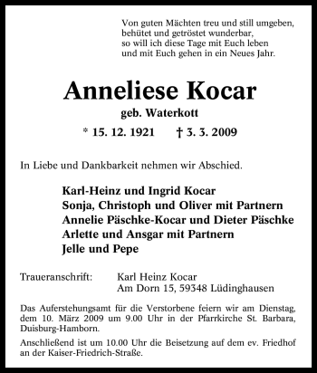 Traueranzeige von Anneliese Kocar von Tageszeitung