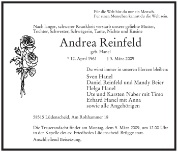 Traueranzeige von Andrea Reinfeld von Tageszeitung