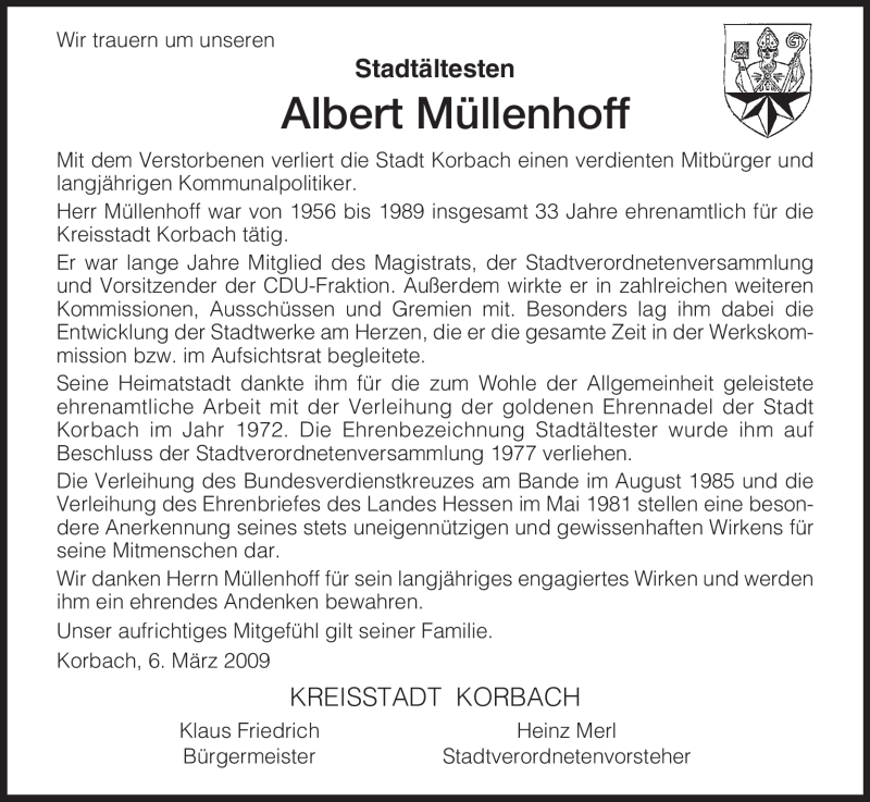  Traueranzeige für Albert Müllenhoff vom 06.03.2009 aus Tageszeitung