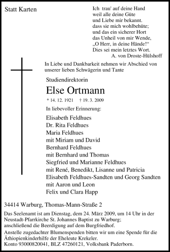 Traueranzeige von Else Ortmann von Tageszeitung