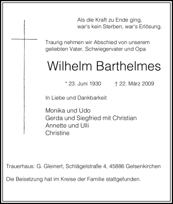 Traueranzeige von Wilhelm Barthelmes von Tageszeitung