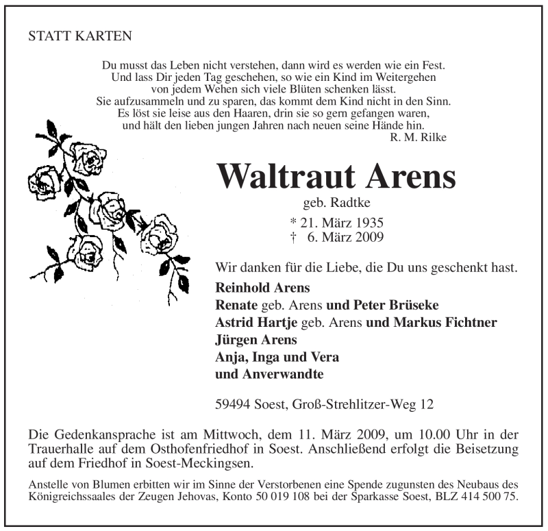 Traueranzeige für Waltraut Arens vom 09.03.2009 aus Tageszeitung
