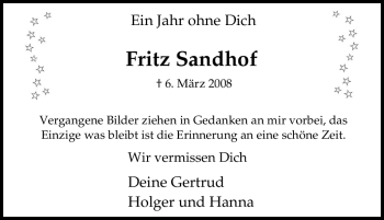 Traueranzeige von Fritz Sandhof von Tageszeitung