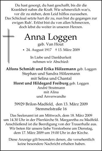 Traueranzeige von Anna Loggen von Tageszeitung