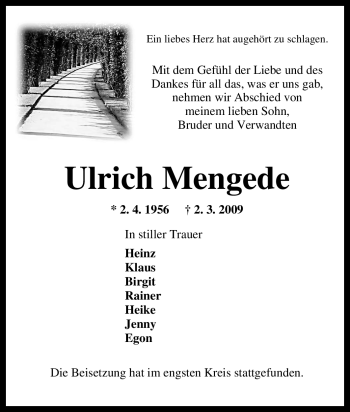 Traueranzeige von Ulrich Mengede von Tageszeitung