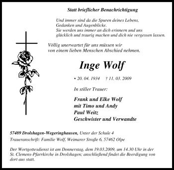 Traueranzeige von Inge Wolf von Tageszeitung