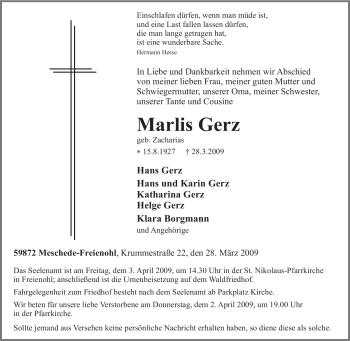 Traueranzeige von Marlis Gerz von Tageszeitung