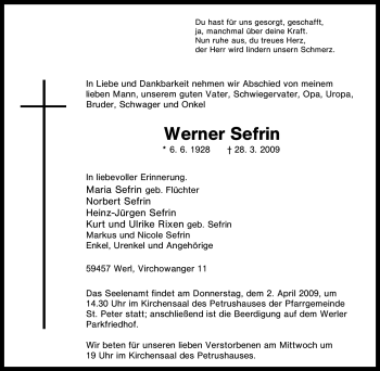 Traueranzeige von Werner Sefrin von Tageszeitung