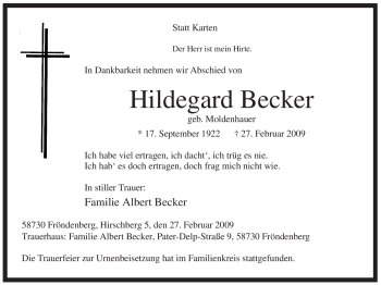 Traueranzeige von Hildegard Becker von Tageszeitung