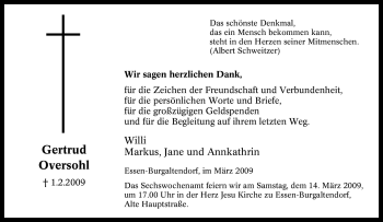 Traueranzeige von Gertrud Oversohl von Tageszeitung