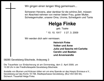 Traueranzeige von Helga Finke von Tageszeitung