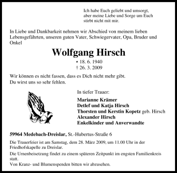 Traueranzeige von Wolfgang Hirsch von Tageszeitung