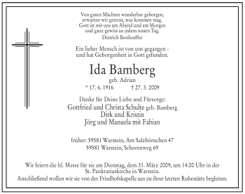 Traueranzeige von Ida Bamberg von Tageszeitung