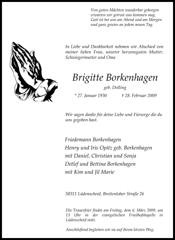 Traueranzeige von Brigitte Borkenhagen von Tageszeitung