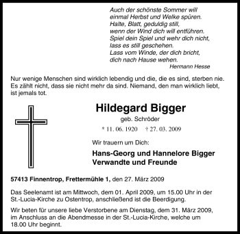 Traueranzeige von Hildegard Bigger von Tageszeitung