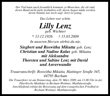 Traueranzeige von Lilly Lenz von Tageszeitung
