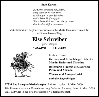 Traueranzeige von Else Schreiber von Tageszeitung