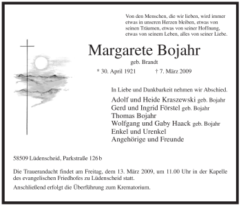 Traueranzeige von Margarete Bojahr von Tageszeitung