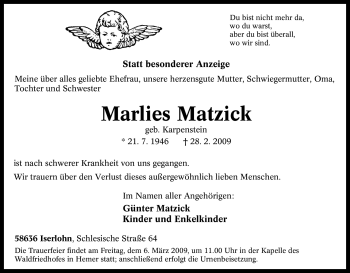 Traueranzeige von Marlies Matzick von Tageszeitung