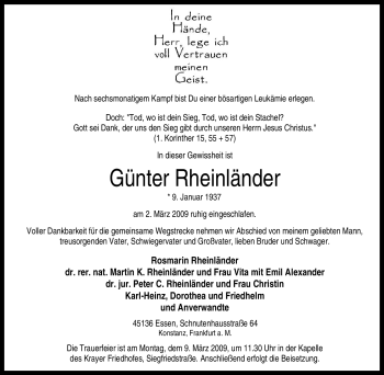 Traueranzeige von Günter Rheinländer von Tageszeitung