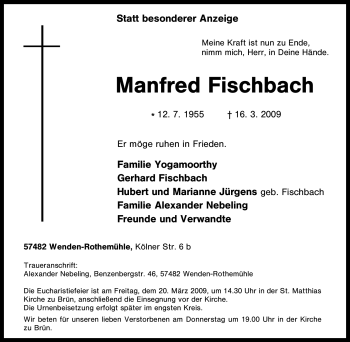 Traueranzeige von Manfred Fischbach von Tageszeitung