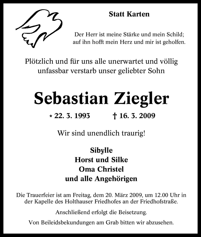  Traueranzeige für Sebastian Ziegler vom 19.03.2009 aus Tageszeitung