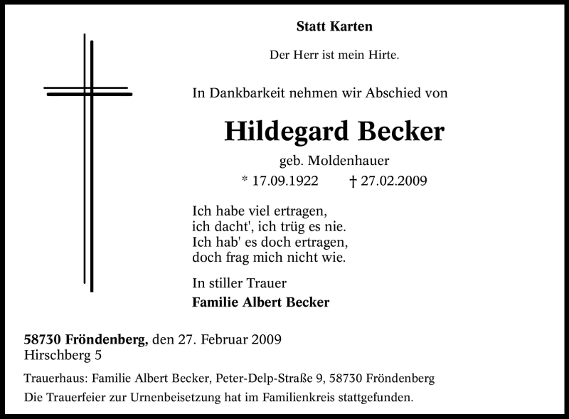  Traueranzeige für Hildegard Becker vom 05.03.2009 aus Tageszeitung