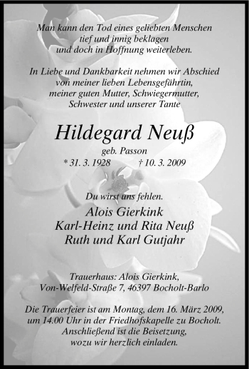 Traueranzeige von Hildegard Neuß von Tageszeitung