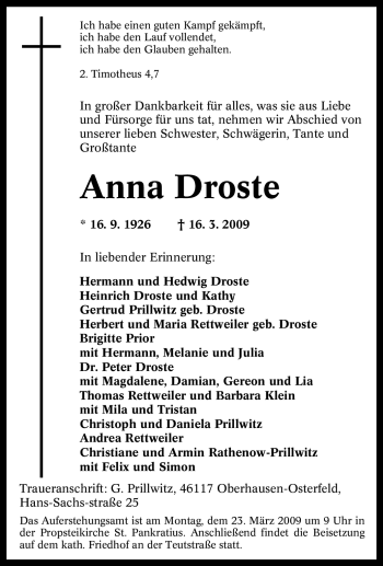 Traueranzeige von Anna Droste von Tageszeitung
