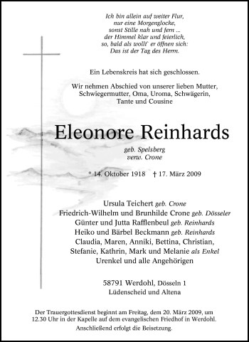 Traueranzeige von Eleonore Reinhards von Tageszeitung