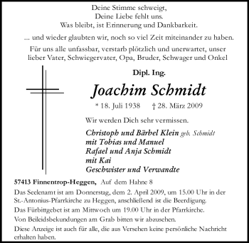 Traueranzeige von Joachim Schmidt von Tageszeitung