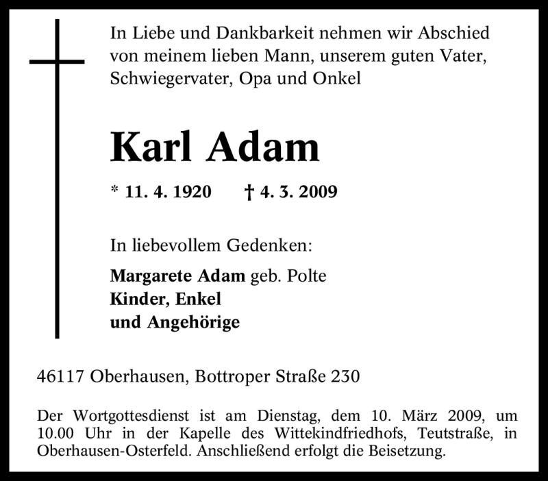 Traueranzeigen von Karl Adam TrauerinNRW.de