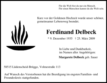 Traueranzeige von Ferdinand Delbeck von Tageszeitung