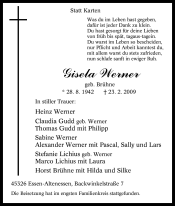 Traueranzeige von Gisela Werner von Tageszeitung