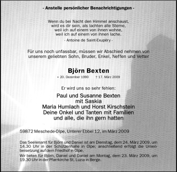 Traueranzeige von Björn Bexten von Tageszeitung