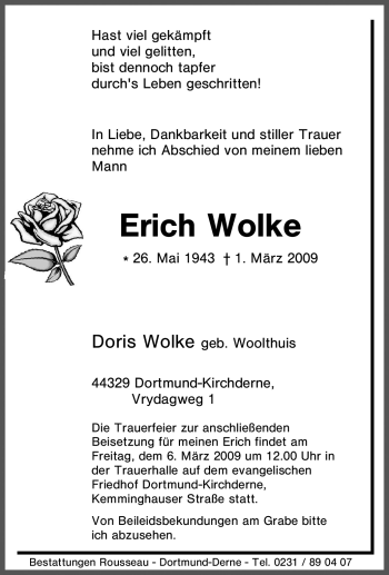 Traueranzeige von Erich Wolke von Tageszeitung