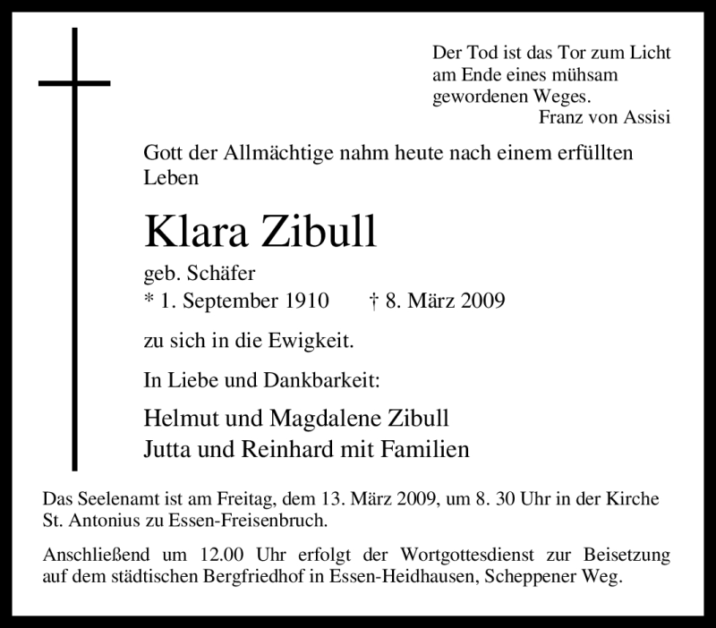 Traueranzeige für Klara Zibull vom 10.03.2009 aus Tageszeitung