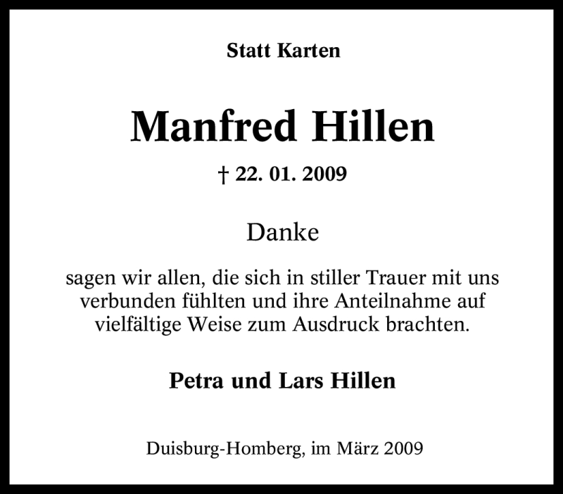  Traueranzeige für Manfred Hillen vom 21.03.2009 aus Tageszeitung
